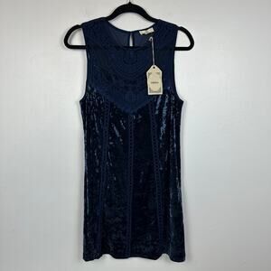 NWT Entro Womens Crochet Lace Velvet Navy Blue Sleeveless Mini Shift Dress Small